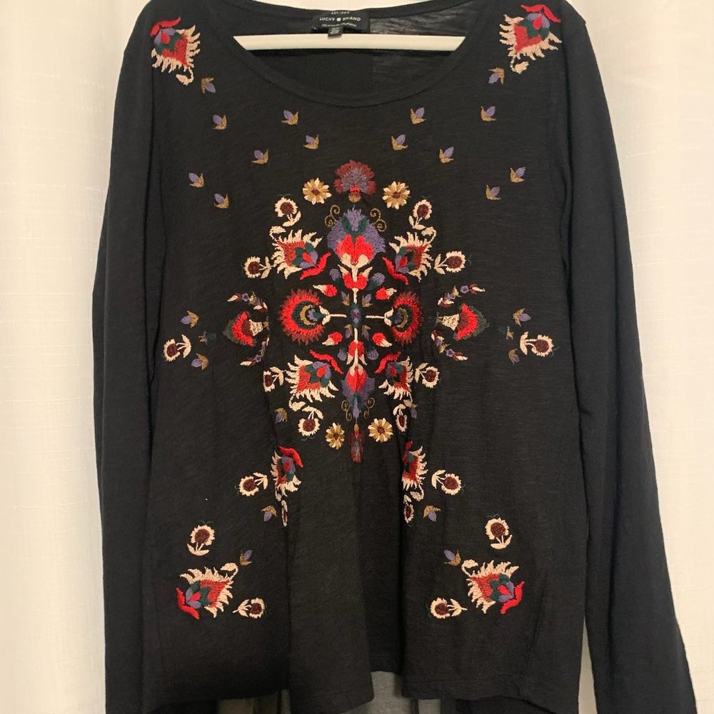 Lucky Brand Black Long Sleeve Dressy Top with Embroidery